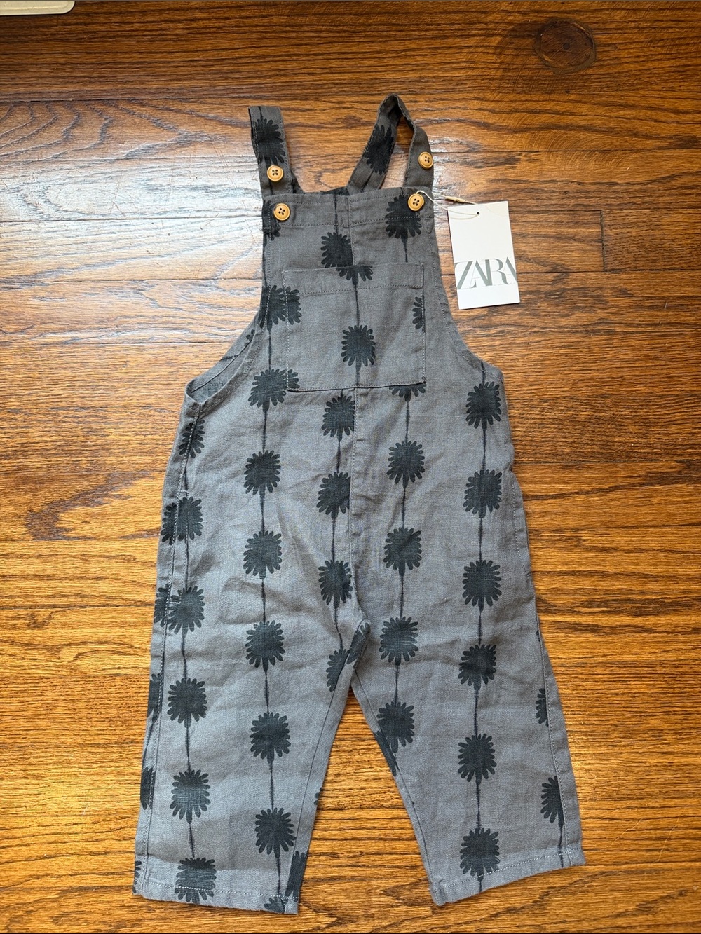 New NWT Zara Baby Toddler Gray Overalls with Black Floral Print